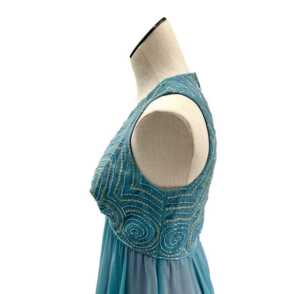 Lady of the Lake Blue Beaded 1970s Vintage Maxi Gown Flowy Skirt - Picture 6 of 10